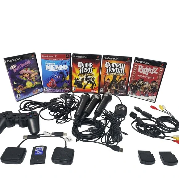 PlayStation 2, 5 Game Bundle, Guitar Hero Microphones, and accessories "Untested - Picture 1 of 9